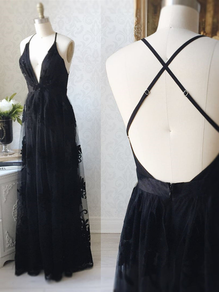 V Neck Black Backless Lace Prom Dresses ...